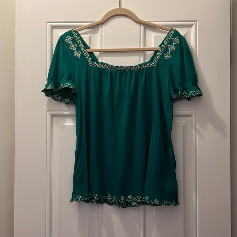 Anthropologie Teal Green Embroidered Short Sleeve Top